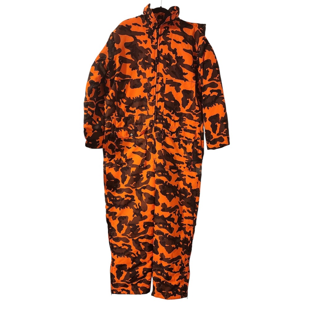 VTG Winchester Orange Camo Hunting Coveralls Insulated Jumpsuit With Hood Size L